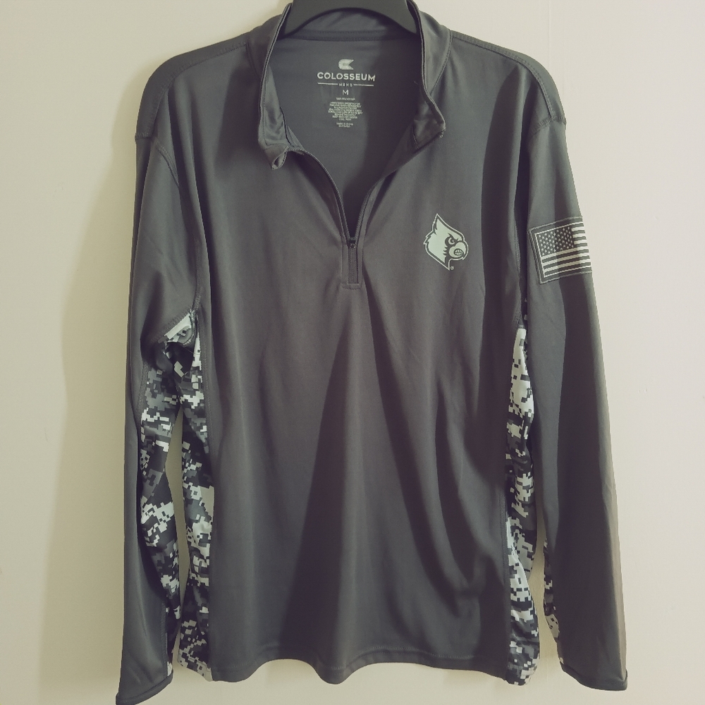 Colosseum Gray Long Sleeve Tee with Louisville Cardinal Logo and American Flag